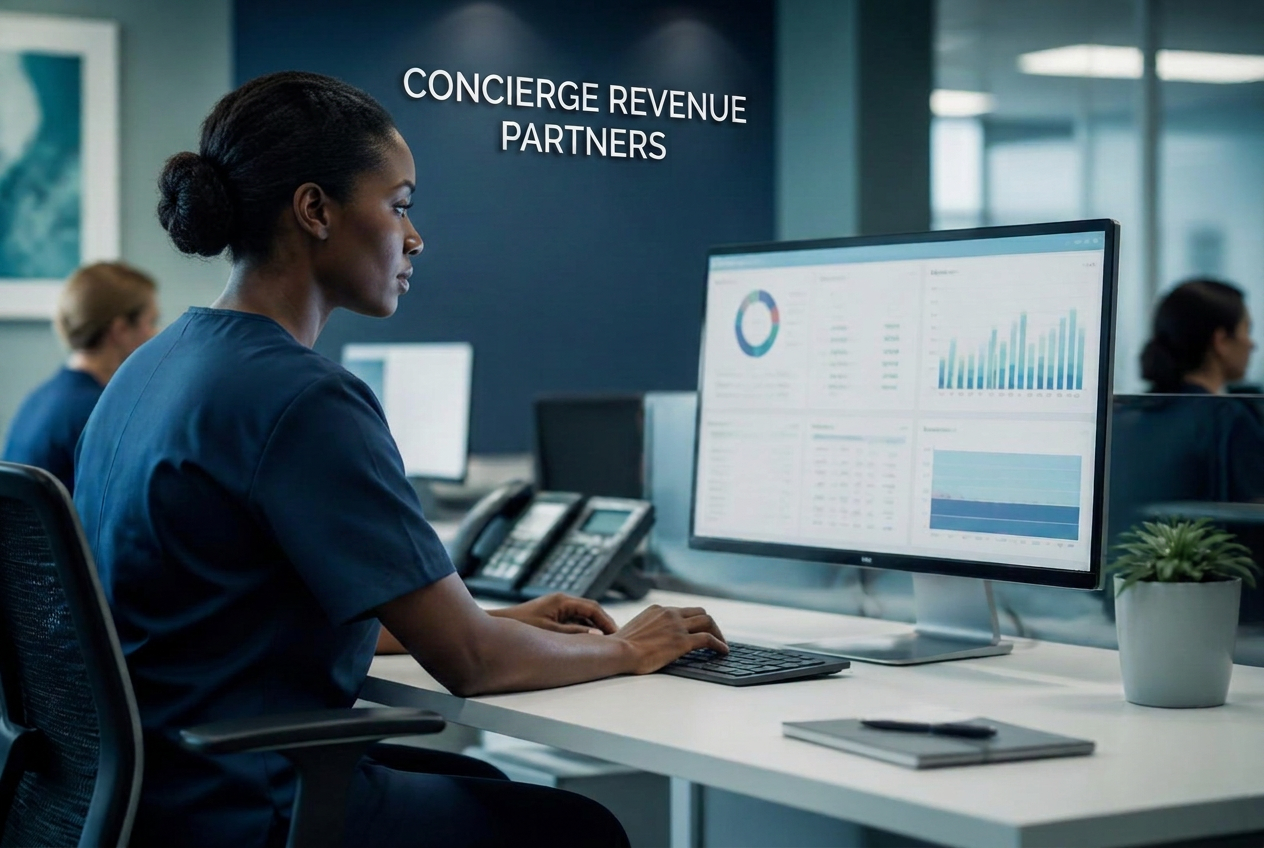 Concierge Revenue Partners specialist reviewing a healthcare revenue cycle dashboard